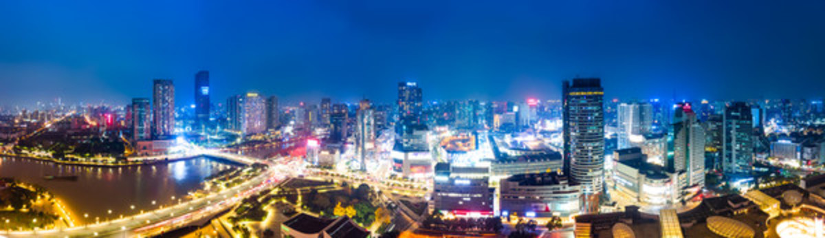 航拍寧波三江口夜景
