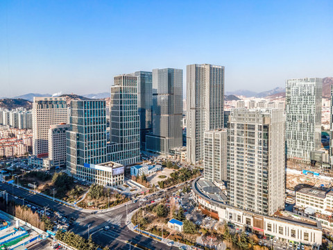 航拍青島城市中心高樓大廈