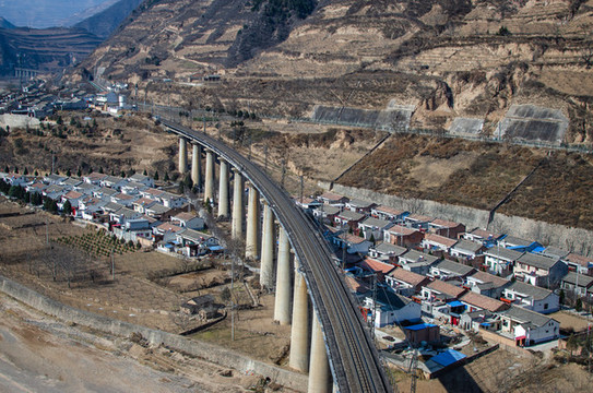 甘肅天水鐵路火車道山峰村莊