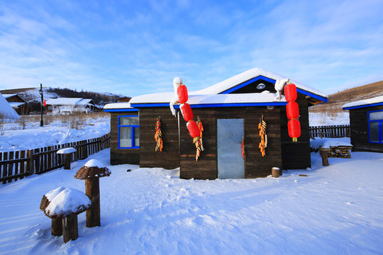 雪村冬天農(nóng)舍冰雪風(fēng)光