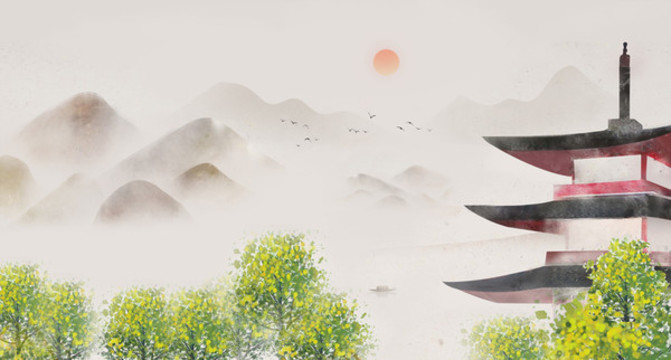 中國風(fēng)意境水墨建筑山水畫