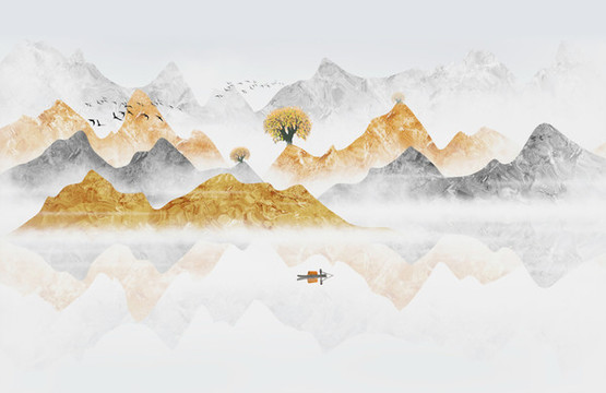 手繪新中式抽象金色山水風(fēng)景畫