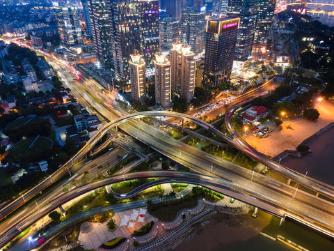 航拍福州城市道路立交橋夜景