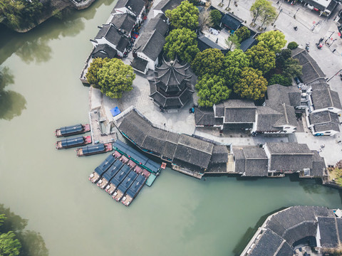 航拍蘇州山塘古鎮(zhèn)古建筑景觀