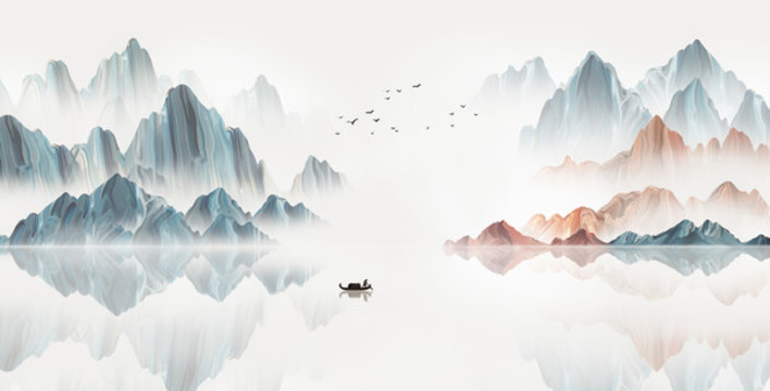 手繪新中式藍(lán)色水墨山水畫
