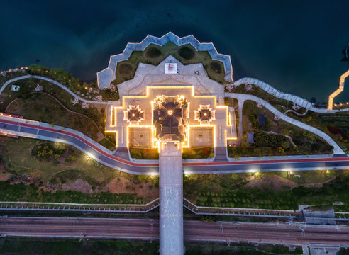 航拍浙江紹興迪蕩湖古建筑夜景