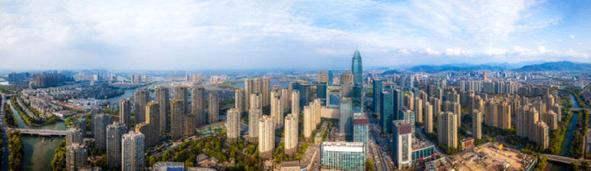 航拍浙江紹興城市建筑景觀天際線