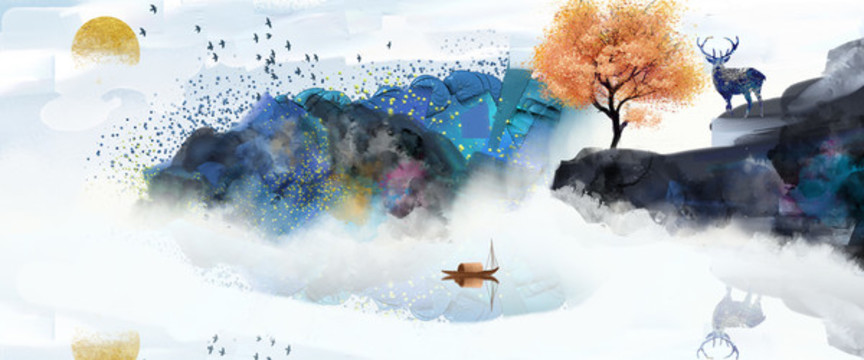 中國(guó)風(fēng)藍(lán)色麋鹿意境山水畫(huà)