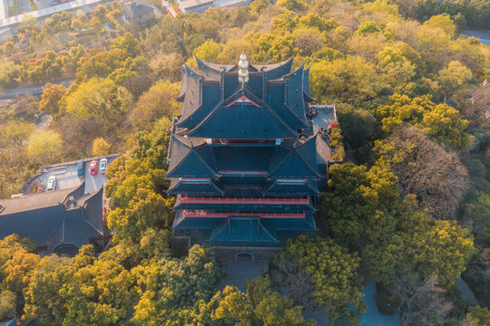 杭州吳山城隍閣黃昏夜景航拍