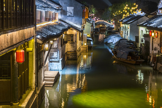 江蘇周莊古鎮(zhèn)夜景風(fēng)光