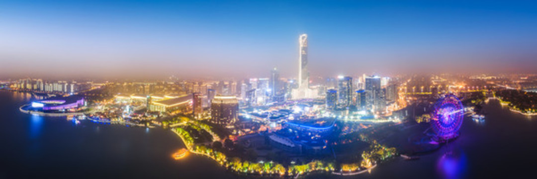 航拍蘇州湖東CBD城市夜景