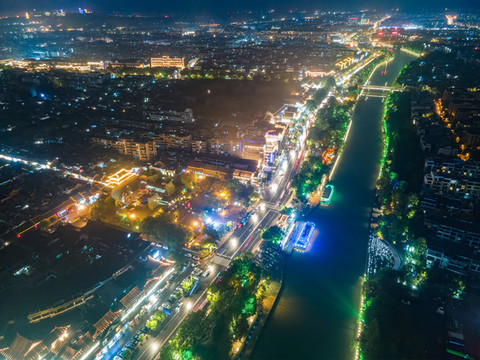 航拍江蘇揚(yáng)州古運(yùn)河夜景