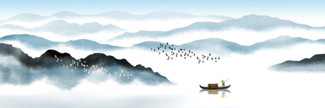 中式藍(lán)色山水畫