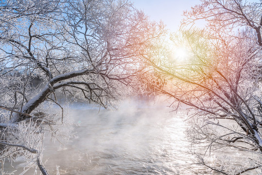 冬天雪地河流霧凇