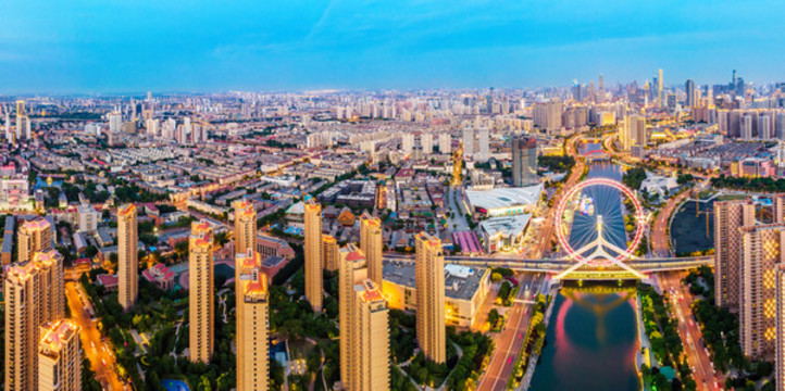 航拍天津城市建筑景觀夜景