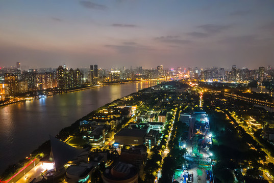 航拍廣州珠江兩岸城市建筑夜景