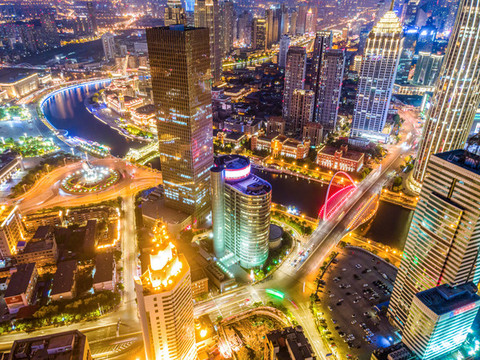 航拍天津城市建筑景觀夜景