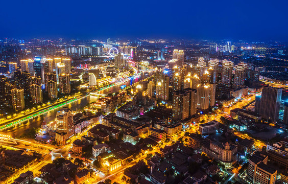 航拍天津城市景觀夜景