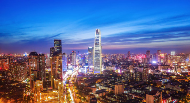 航拍天津城市建筑天際線夜景
