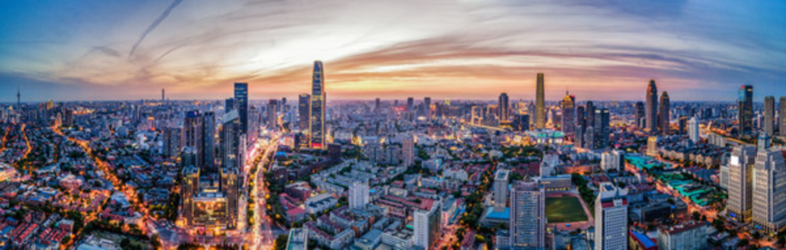 航拍天津建筑景觀天際線夜色
