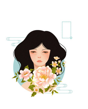 手里拿著花朵的清新女孩插畫