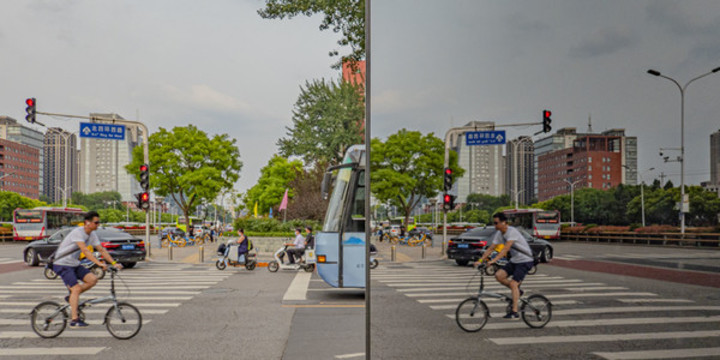 路口騎車人和指示牌上的鏡像