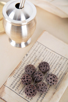 醫(yī)書上的藥材和旁邊的藥杵