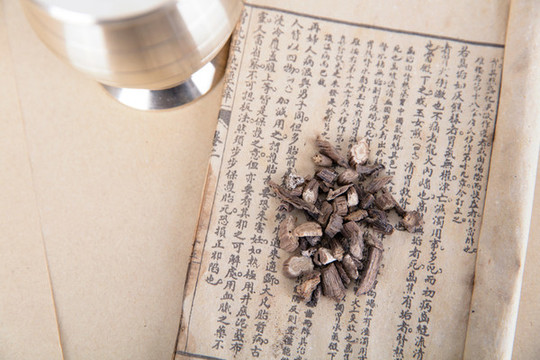 醫(yī)書上的藥材和旁邊的藥杵