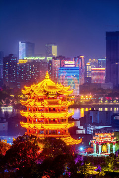 中國湖北武漢黃鶴樓夜景風(fēng)光