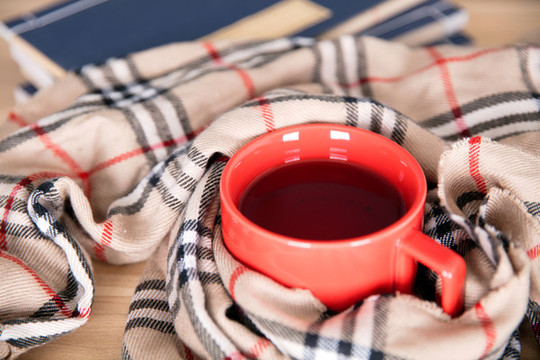 被圍脖裹著的一杯紅茶和書籍