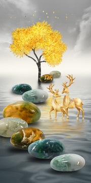招財(cái)山水畫(huà)時(shí)石來(lái)運(yùn)麋鹿玄關(guān)畫(huà)