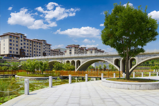 拱橋樓房背景的公園青石板路面