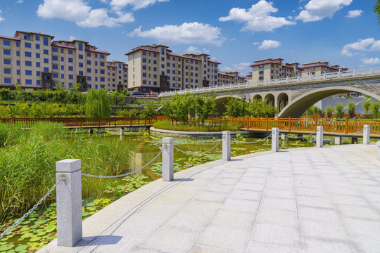 拱橋樓房背景的公園青石板路面