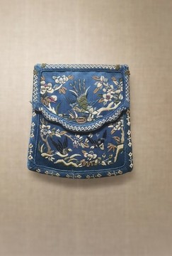 藍緞地盤金平針繡花鳥錢荷包