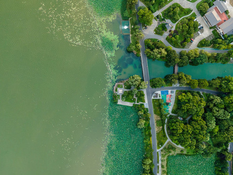 航拍城市園林湖泊風(fēng)景