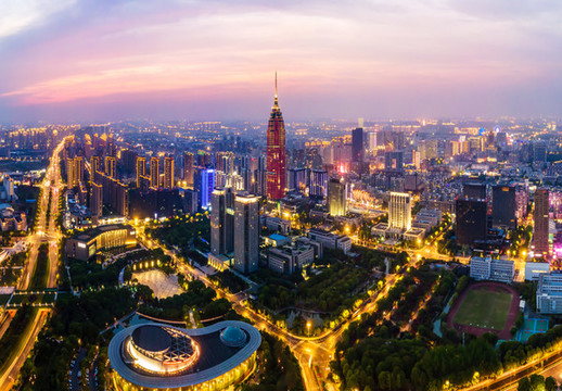 航拍常州城市建筑夜景