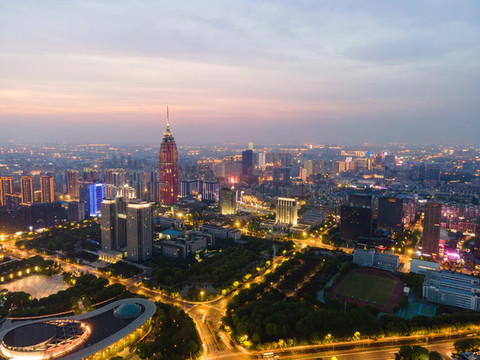航拍常州CBD建筑景觀夜景