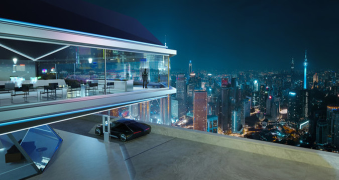 寫字樓建筑男子凝視窗外夜景遠(yuǎn)景圖