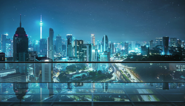 藍色摩天高樓城市夜景頂樓玻璃倒映攝影照