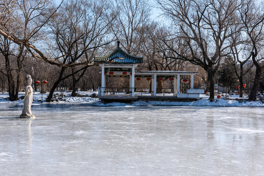 沈陽清昭陵北陵公園冰凍的湖面
