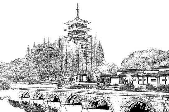 吳江垂虹橋素描線稿