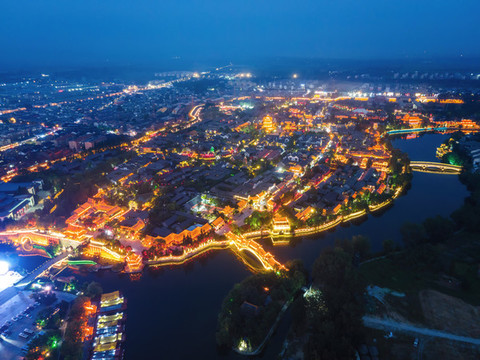 航拍棗莊臺兒莊古城夜景