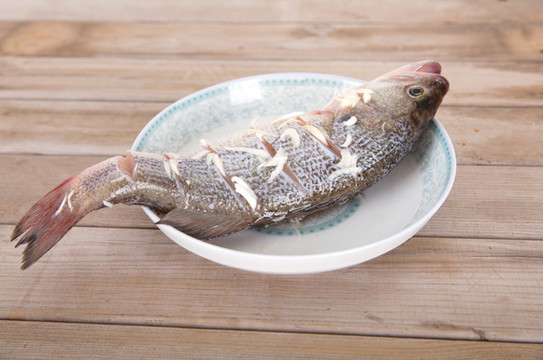 盤子里放著一條正在腌制的鱸魚