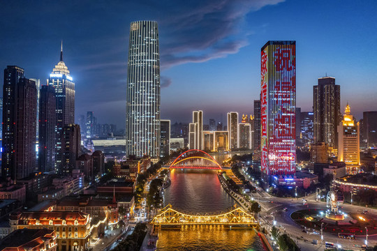 天津海河夜景燈光航拍