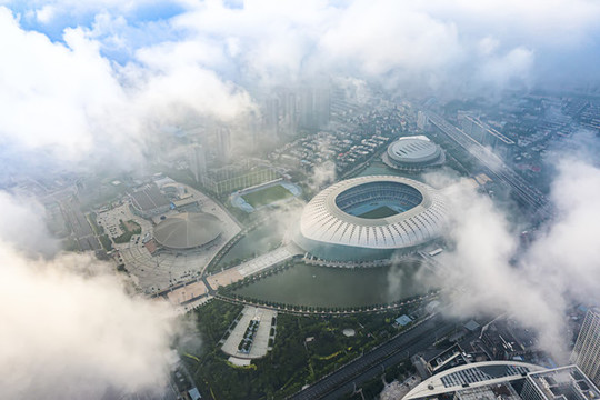 天津奧體中心平流霧美景航拍