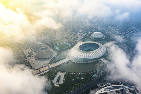 天津奧體中心平流霧美景航拍