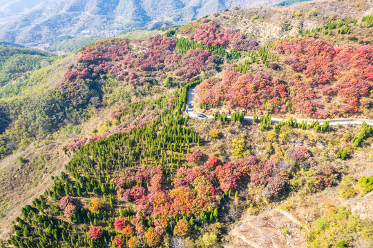 航拍濟(jì)南章丘蓮花山紅葉