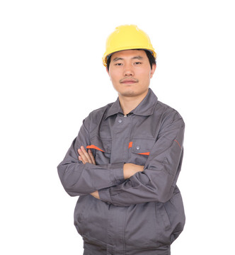 農(nóng)民工抱手站在白背景前