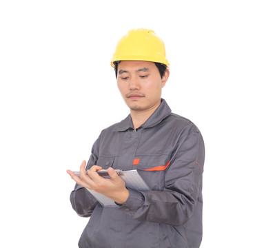 白背景前的農(nóng)民工手拿相關(guān)文件夾