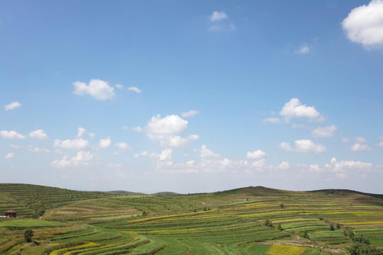山頂遠(yuǎn)望藍(lán)天白云下的草原風(fēng)光